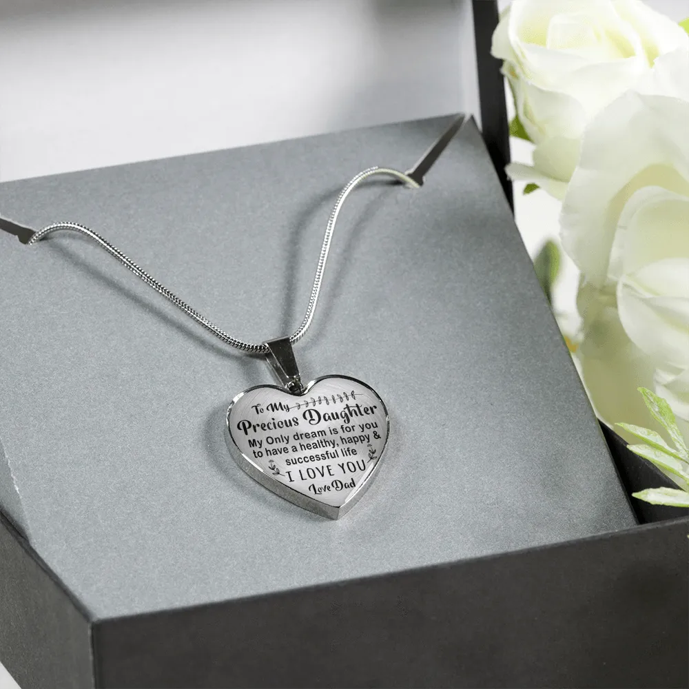 TO MY PRECIOUS DAUGHTER - (BLACK ON TRANSPARENT) SILVER FINISHED NECKLACE