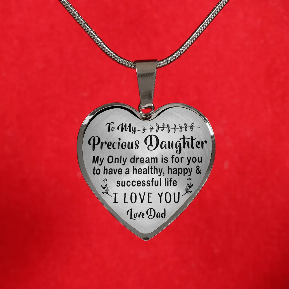 TO MY PRECIOUS DAUGHTER - (BLACK ON TRANSPARENT) SILVER FINISHED NECKLACE