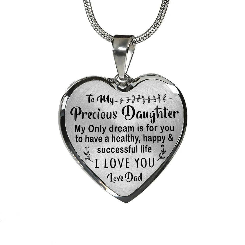 TO MY PRECIOUS DAUGHTER - (BLACK ON TRANSPARENT) SILVER FINISHED NECKLACE