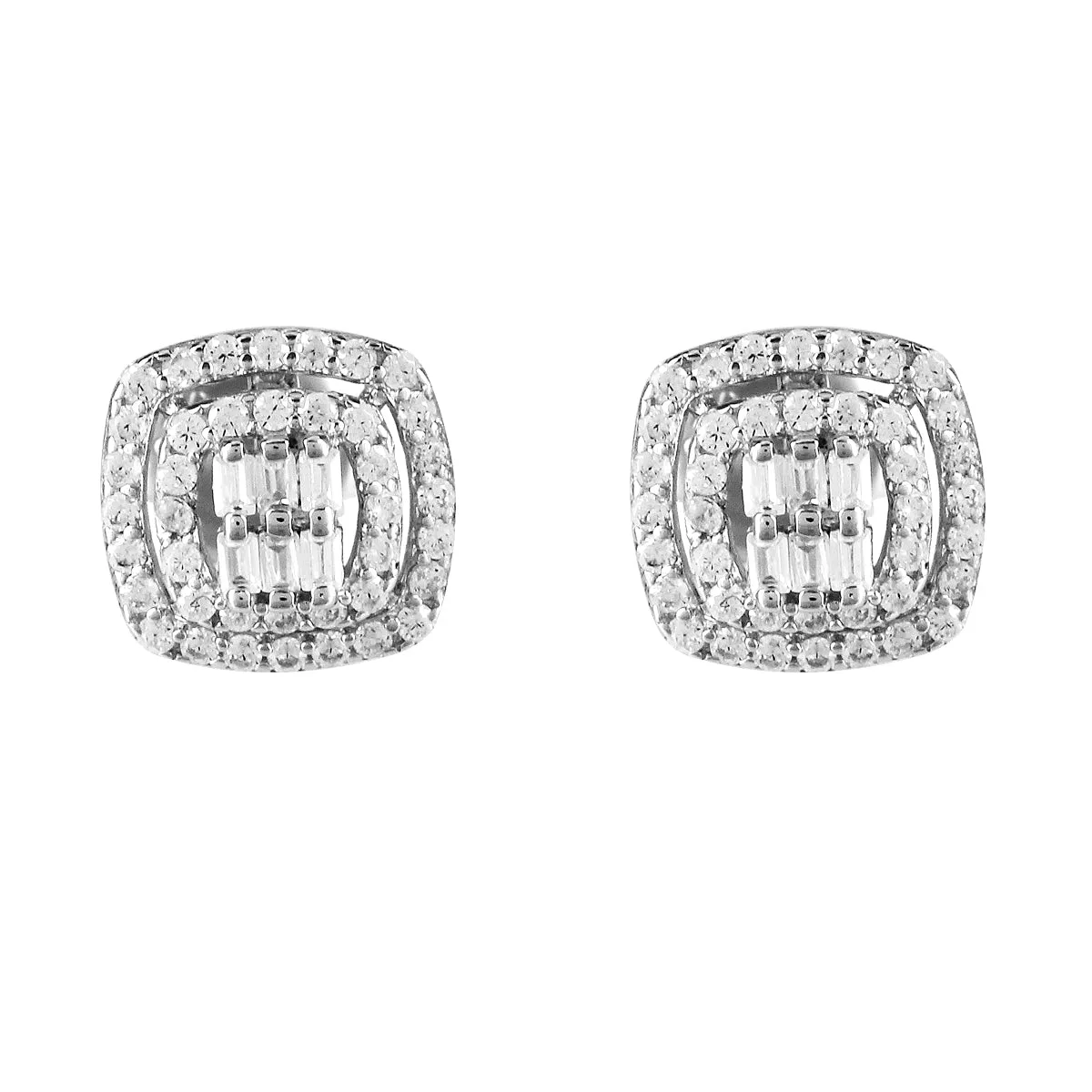 Tower Style Cube Icy Baguette Sterling Silver Stud Earrings