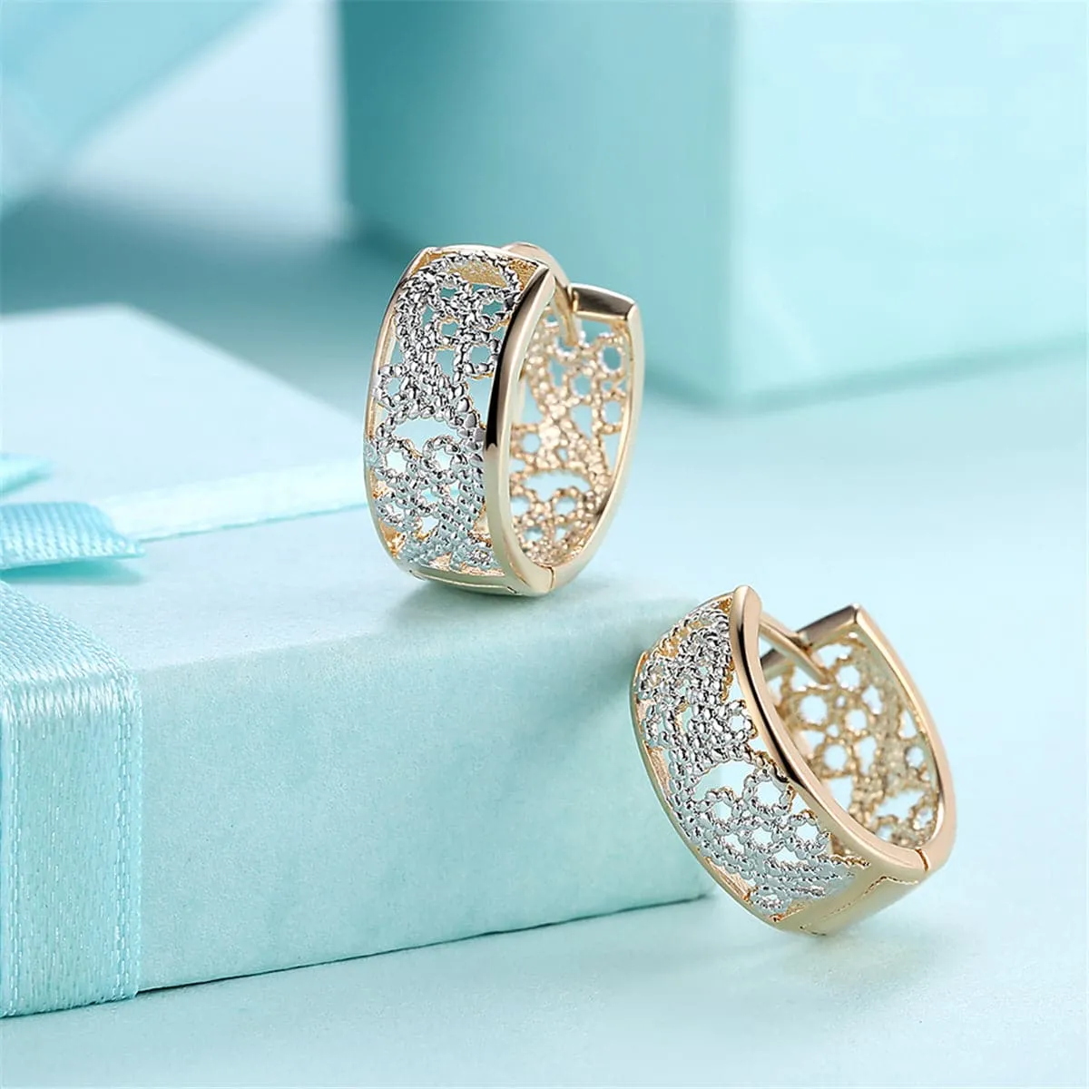 Two-Tone Embossed Cutout Huggie Earrings