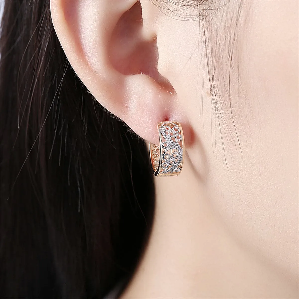 Two-Tone Embossed Cutout Huggie Earrings