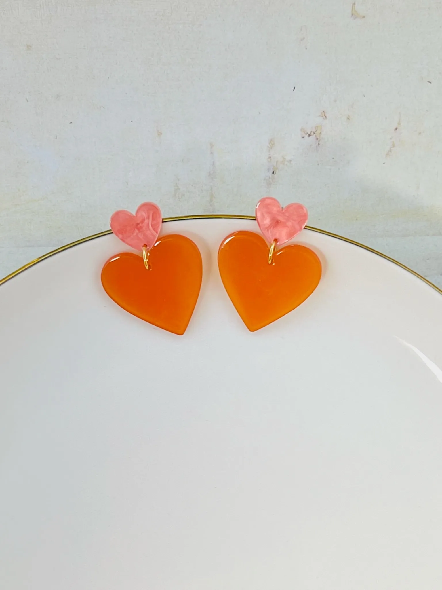 Two Tone Heart Studs with Pink and Orange