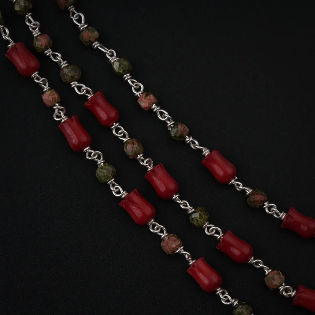 Unakite and Coral Tulips Layered Silver Necklace
