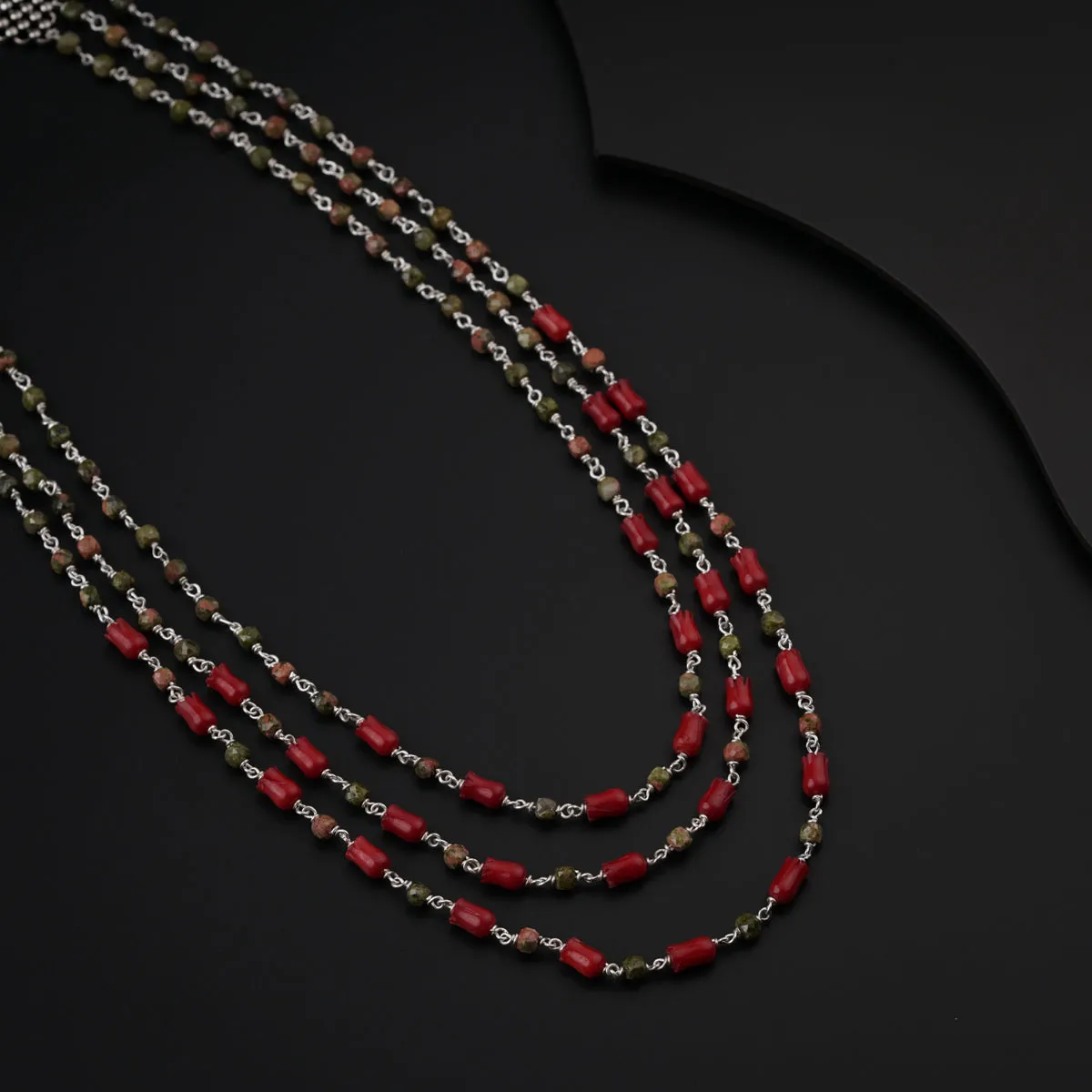 Unakite and Coral Tulips Layered Silver Necklace