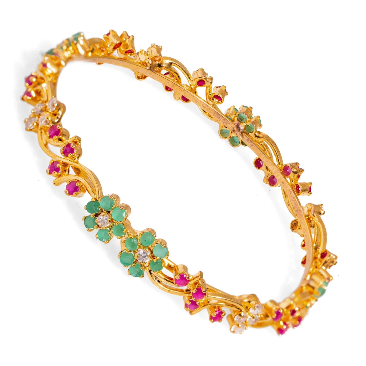 Victorian Floral Emerald & Ruby Gemstone Bangle Bracelet