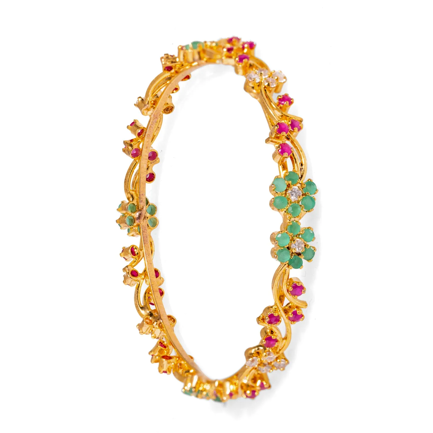 Victorian Floral Emerald & Ruby Gemstone Bangle Bracelet