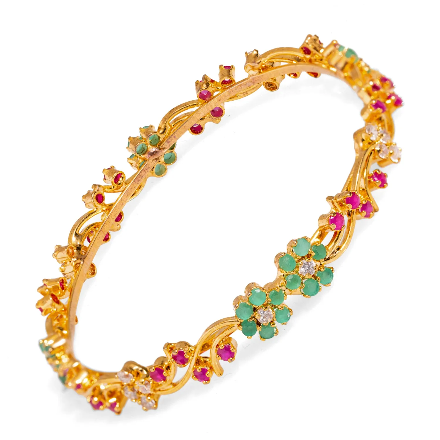 Victorian Floral Emerald & Ruby Gemstone Bangle Bracelet