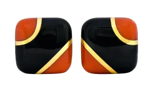 Vintage Onyx Coral 18 Karat Gold Square Cushion Inlay Earrings
