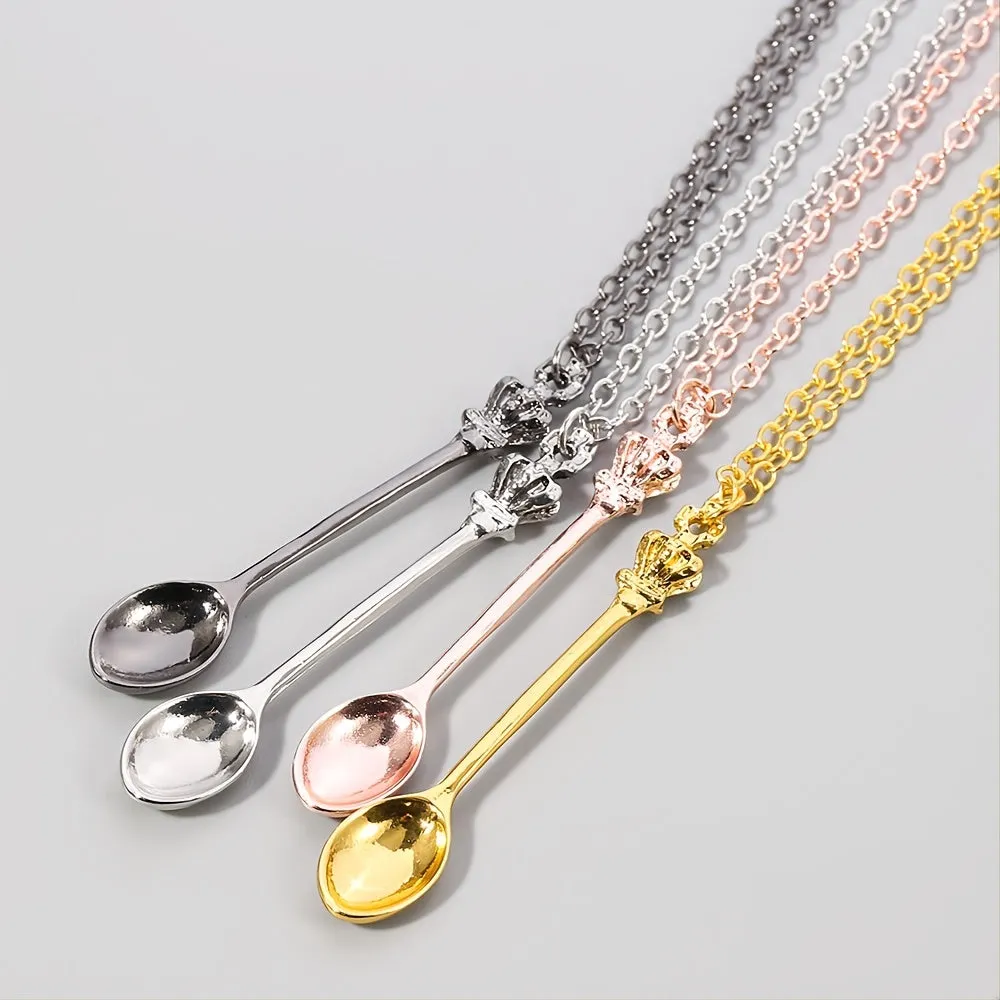 Vintage Tea Spoon Crown Pendant Necklace Classic Spoon Long Chain Jewelry