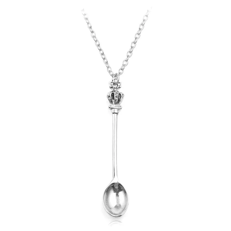 Vintage Tea Spoon Crown Pendant Necklace Classic Spoon Long Chain Jewelry