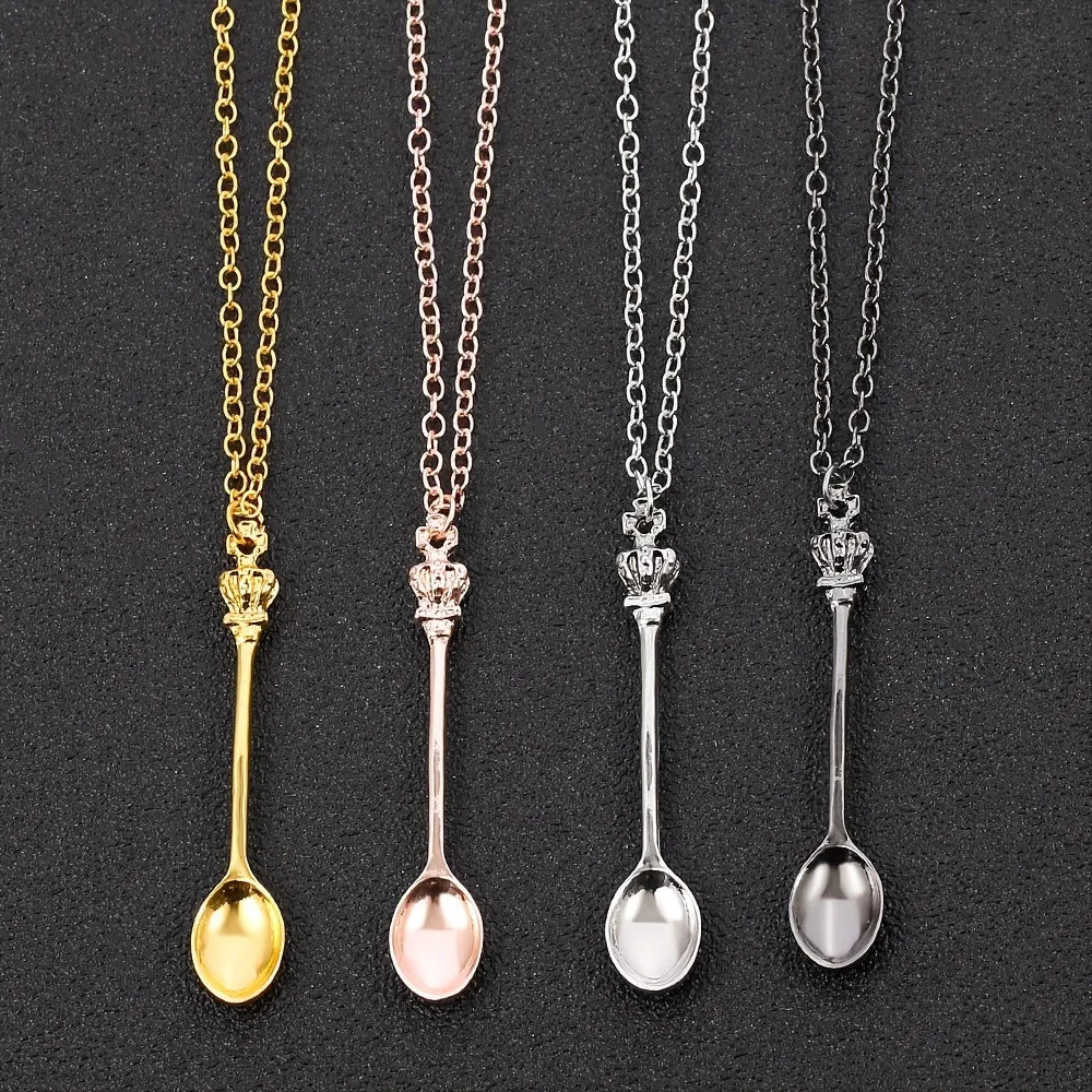 Vintage Tea Spoon Crown Pendant Necklace Classic Spoon Long Chain Jewelry