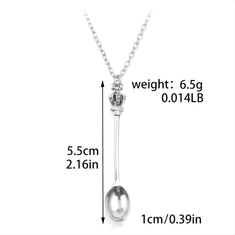 Vintage Tea Spoon Crown Pendant Necklace Classic Spoon Long Chain Jewelry