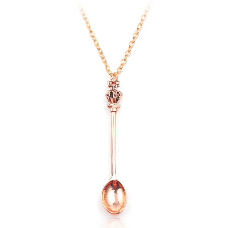 Vintage Tea Spoon Crown Pendant Necklace Classic Spoon Long Chain Jewelry